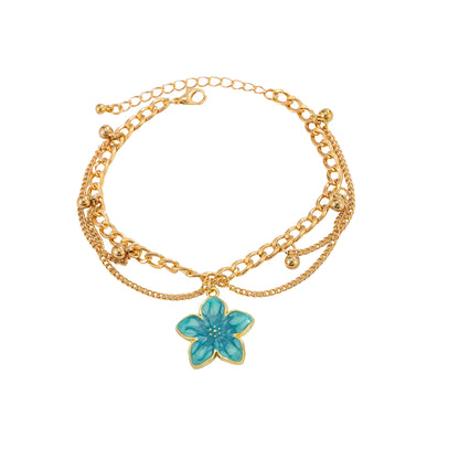 Blue Enamel & Goldtone Flower Charm Layered Anklet - Street Region