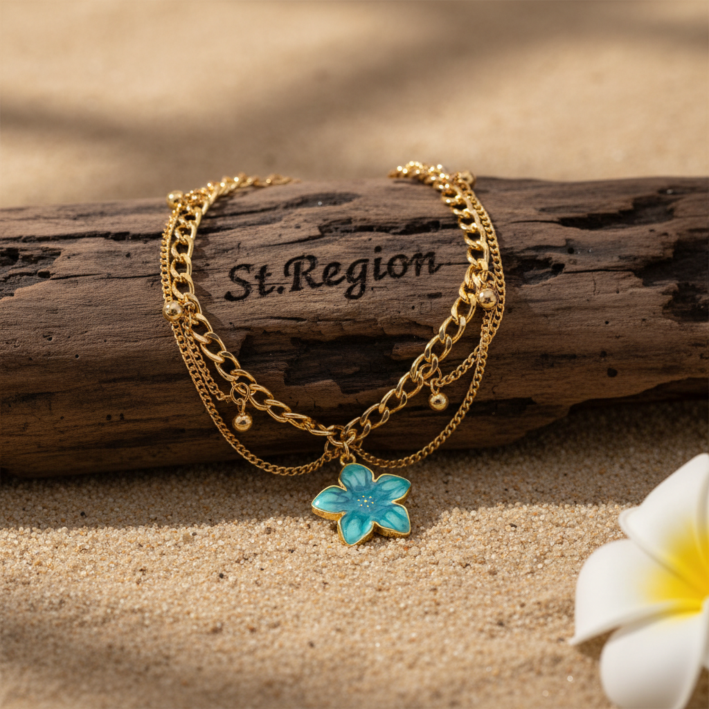 Blue Enamel & Goldtone Flower Charm Layered Anklet - Street Region