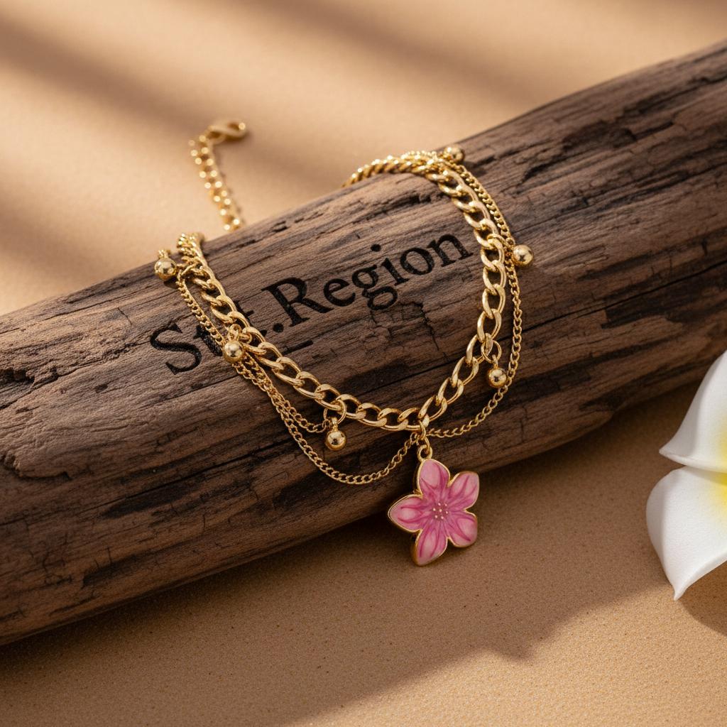 Pink Enamel and Goldtone Flower Charm Layered Anklet, gold anklet bracelet, botanical inspired, detail close-up