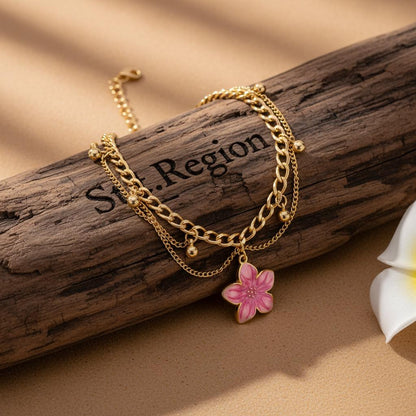 Pink Enamel and Goldtone Flower Charm Layered Anklet, gold anklet bracelet, botanical inspired, detail close-up