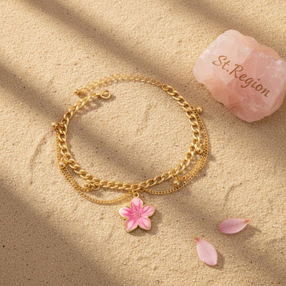 Pink Enamel and Goldtone Flower Charm Layered Anklet, gold anklet bracelet, botanical inspired, lifestyle look