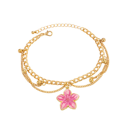 Pink Enamel & Goldtone Flower Charm Layered Anklet - Street Region