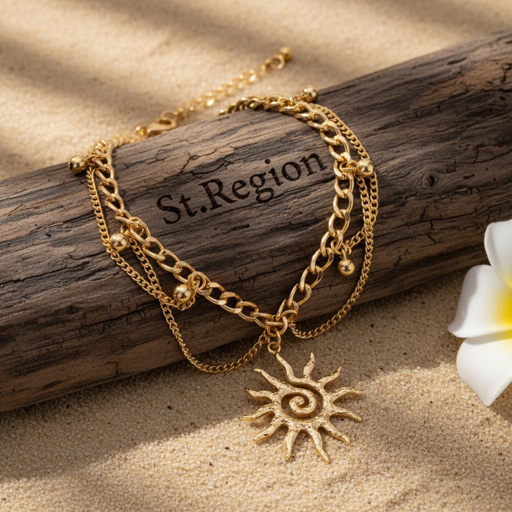 Goldtone Sun Charm Layered Anklet, gold anklet bracelet, botanical inspired, detail close-up
