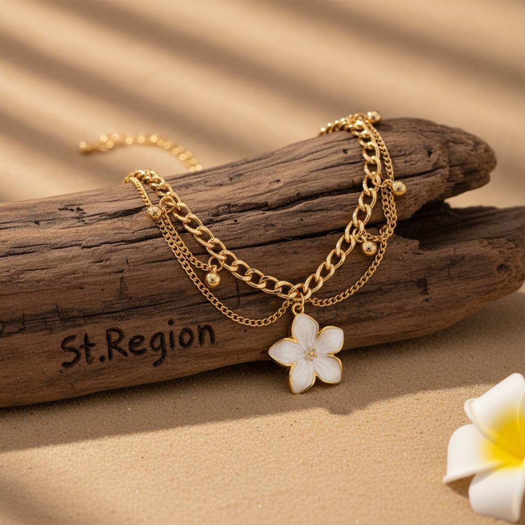 White Enamel and Goldtone Flower Charm Layered Anklet, gold anklet bracelet, everyday style, detail close-up