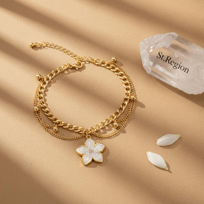 White Enamel and Goldtone Flower Charm Layered Anklet, gold anklet bracelet, everyday style, lifestyle look