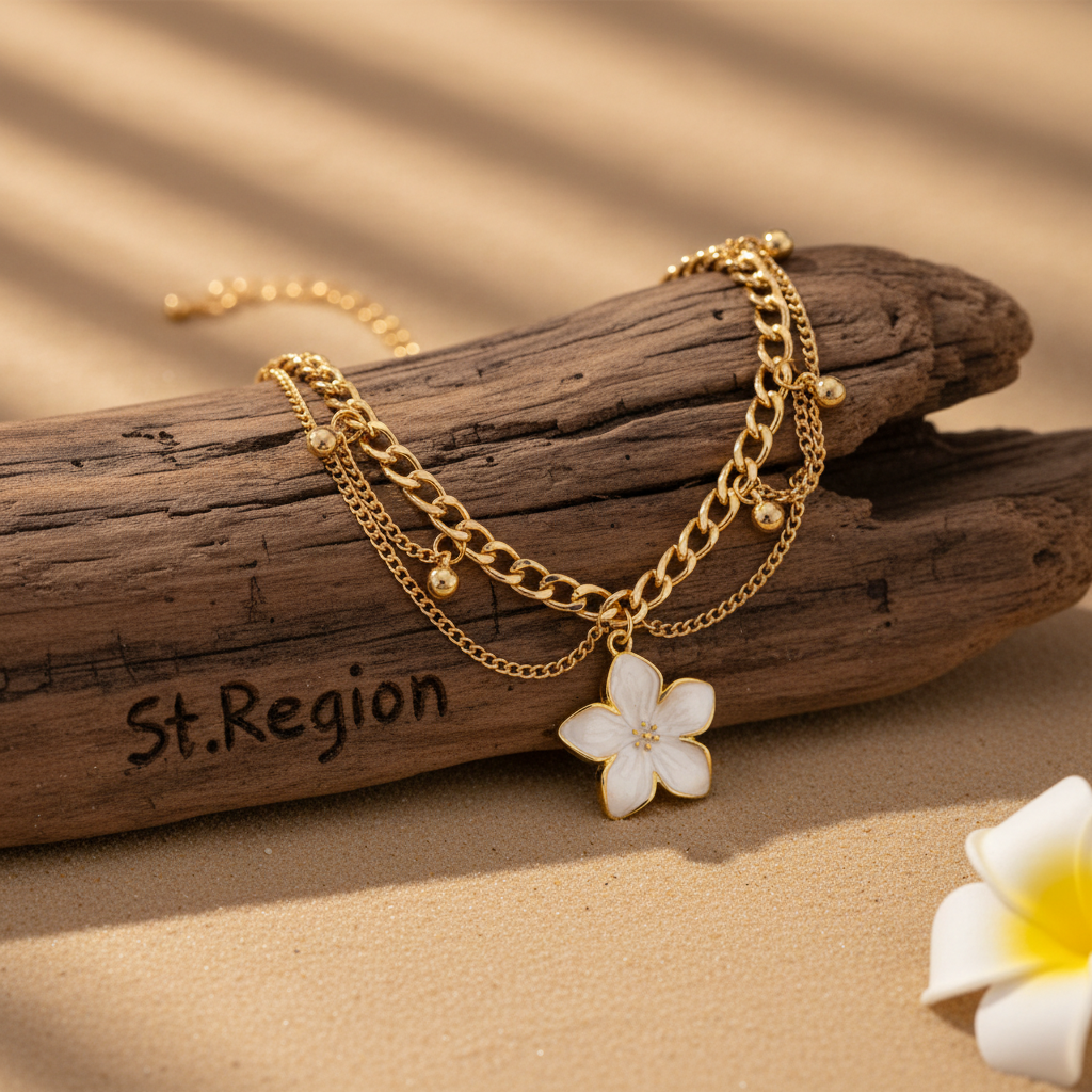 White Enamel & Goldtone Flower Charm Layered Anklet - Street Region