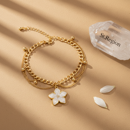 White Enamel & Goldtone Flower Charm Layered Anklet - Street Region