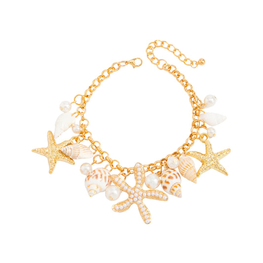 Pearl & Shell Goldtone Starfish Cluster Charm Anklet - Street Region