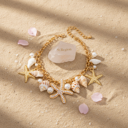 Pearl & Shell Goldtone Starfish Cluster Charm Anklet - Street Region