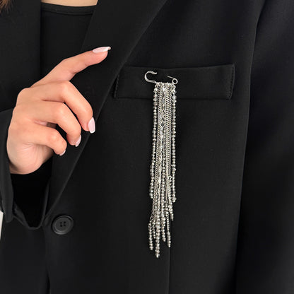 Gray Acrylic and Silvertone Tassel Pin Brooch, vintage-inspired design, lifestyle look
