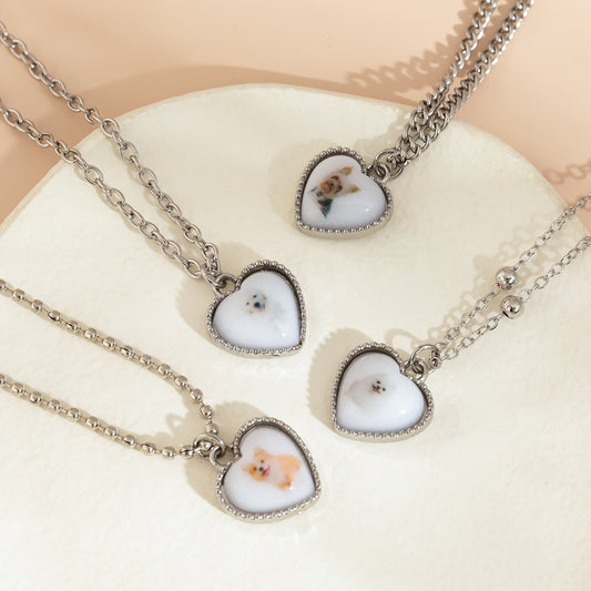 White Resin and Silver-Plated Dog Heart Pendant Necklace Set, jewelry gift sets for women, everyday style, front view