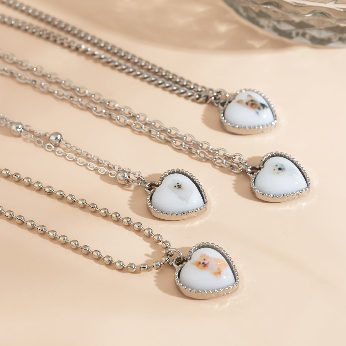 White Resin & Silver-Plated Dog Heart Pendant Necklace Set