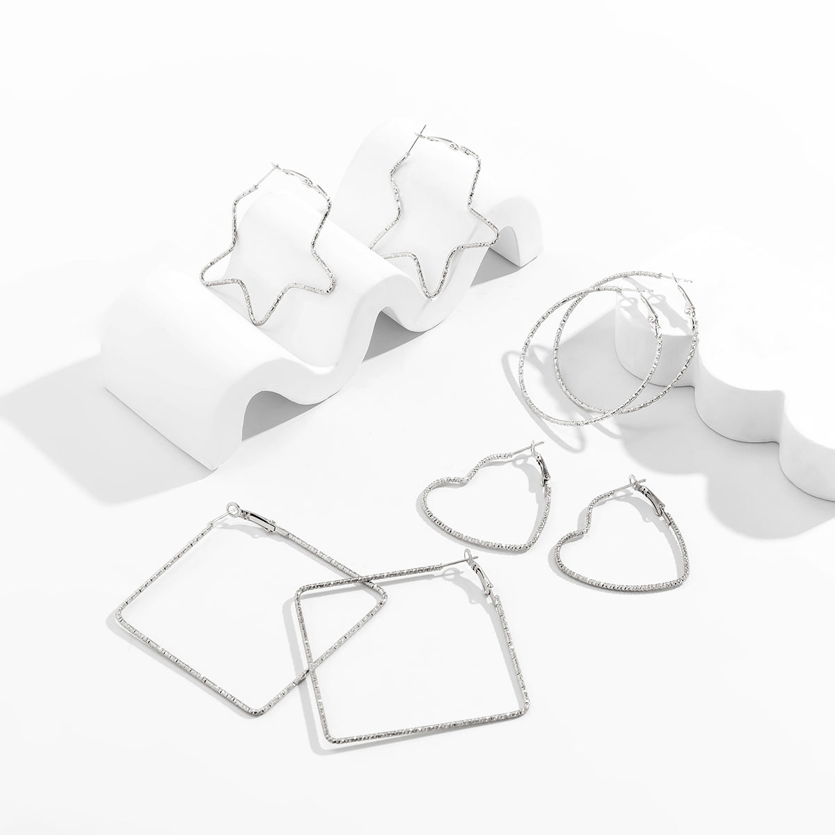 Silver-Plated Copper Geometric Hoop Earrings - Set Of Four Pairs