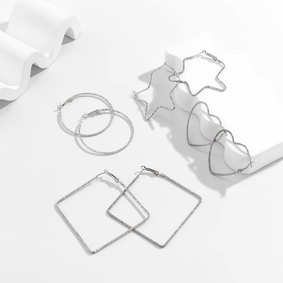 Silver-Plated Copper Geometric Hoop Earrings - Set Of Four Pairs