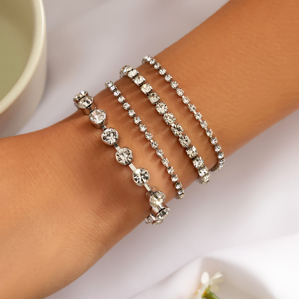 Cubic Zirconia and Silver-Plated Tennis Bracelet Set, jewelry gift sets for women, elegant gift for her, front view
