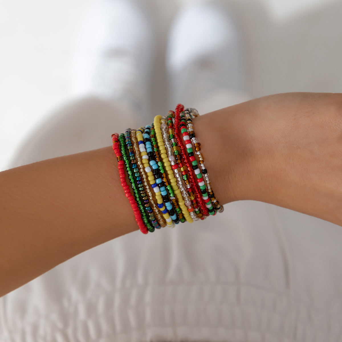 Green & Red Beaded Stretch Bracelet Set