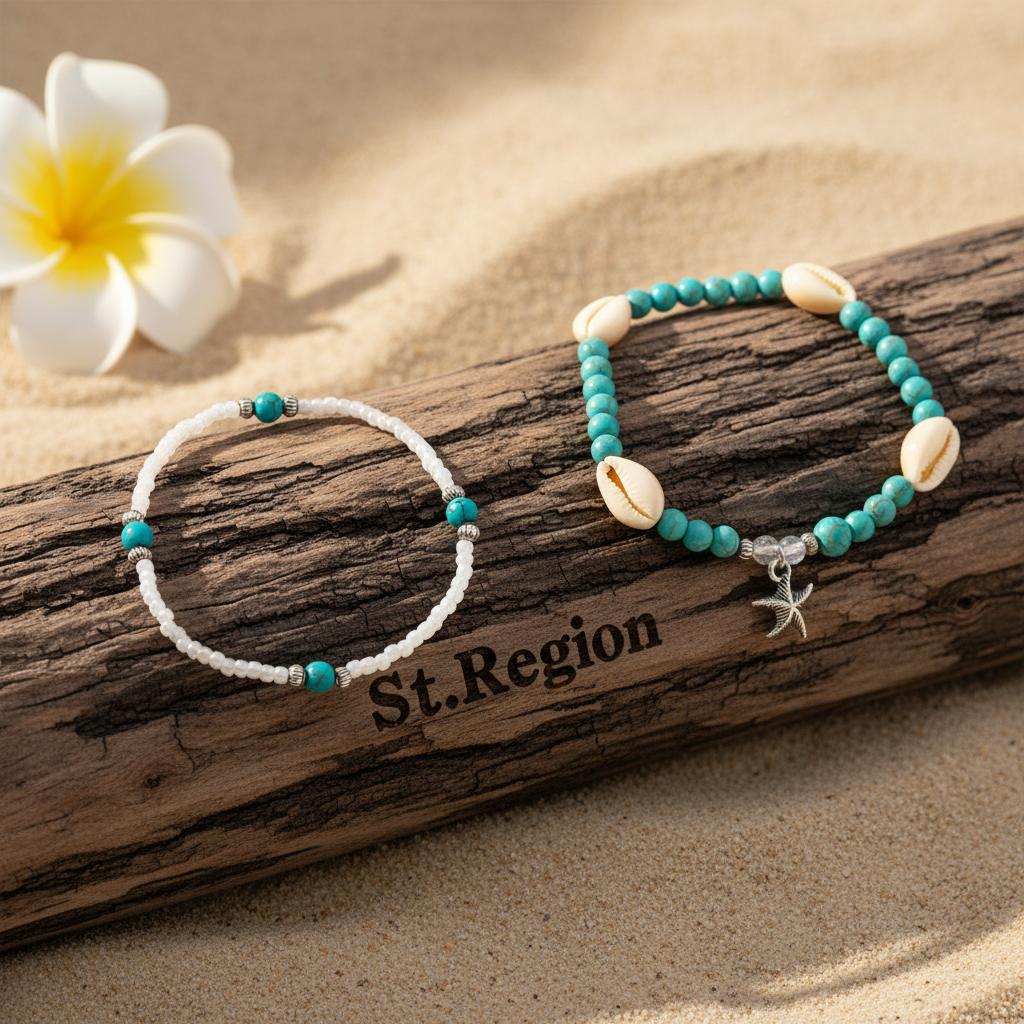 Turqouise and Howlite Shell Silvertone Starfish Charm Stretch Anklet Set, jewelry gift sets for women, detail close-up