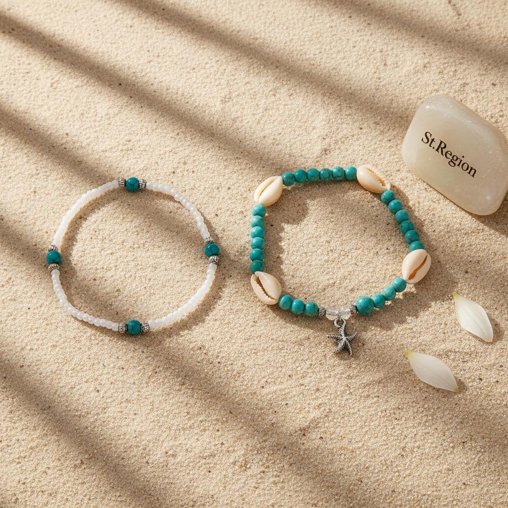 Turqouise and Howlite Shell Silvertone Starfish Charm Stretch Anklet Set, jewelry gift sets for women, lifestyle look