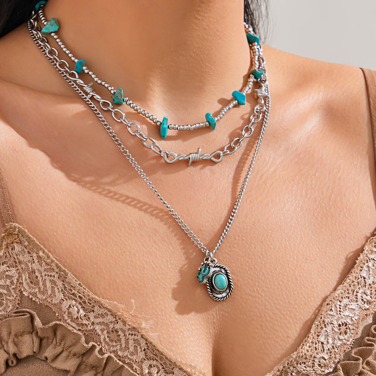 Turqouise and Silvertone Beads Knot Cactus Oval Pendant Necklace Set, silver pendant necklace for women, lifestyle look