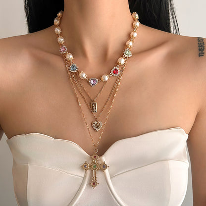 Multi-Colored Crystal and Cubic Zirconia Pearl Goldtone Heart Cross Pendant Necklace Set, gold pendant..., lifestyle look