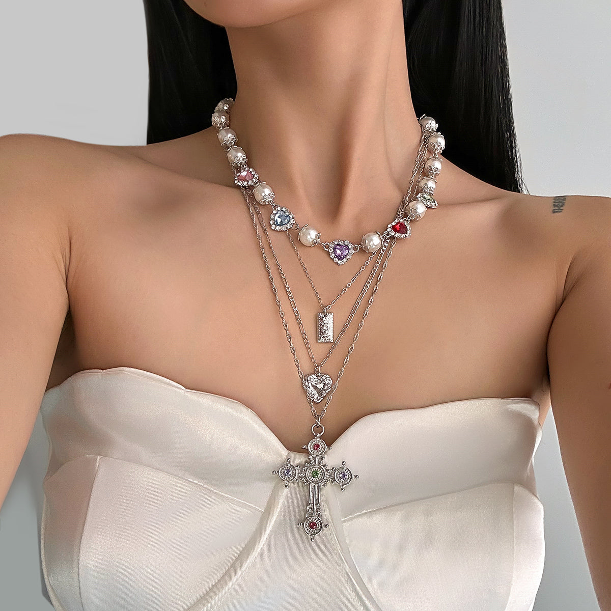 Multi-Colored Crystal and Cubic Zirconia Pearl Silvertone Heart Cross Pendant Necklace Set, silver..., lifestyle look
