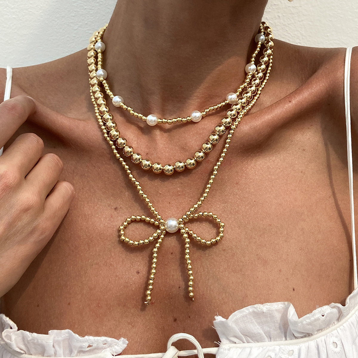 Pearl and Goldtone Beads Chain Bow Pendant Necklace Set, gold pendant necklace for women, everyday style, styled look