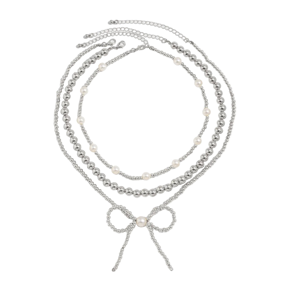 Pearl and Silvertone Beads Chain Bow Pendant Necklace Set, silver pendant necklace for women, front view