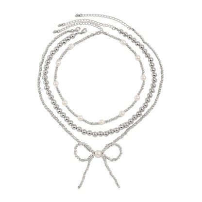 Pearl and Silvertone Beads Chain Bow Pendant Necklace Set, silver pendant necklace for women, front view