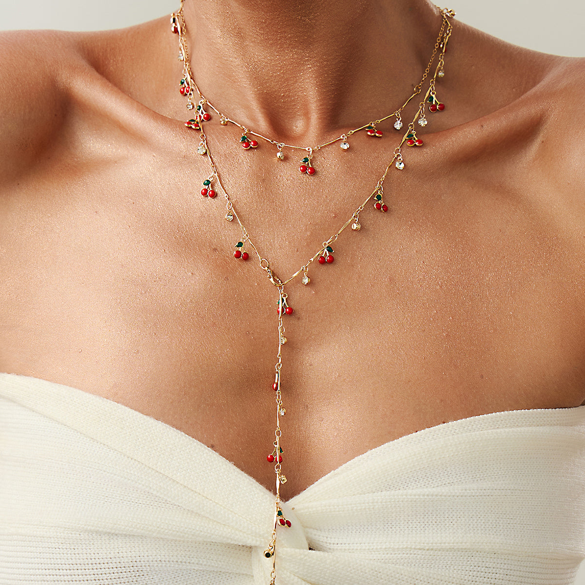 Red Enamel and Cubic Zirconia Goldtone Cherry Station Y-Necklace Set, gold pendant necklace for women, lifestyle look