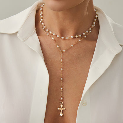 Pearl and Goldtone Cross Drop Necklace Set, gold pendant necklace for women, botanical inspired, lifestyle look