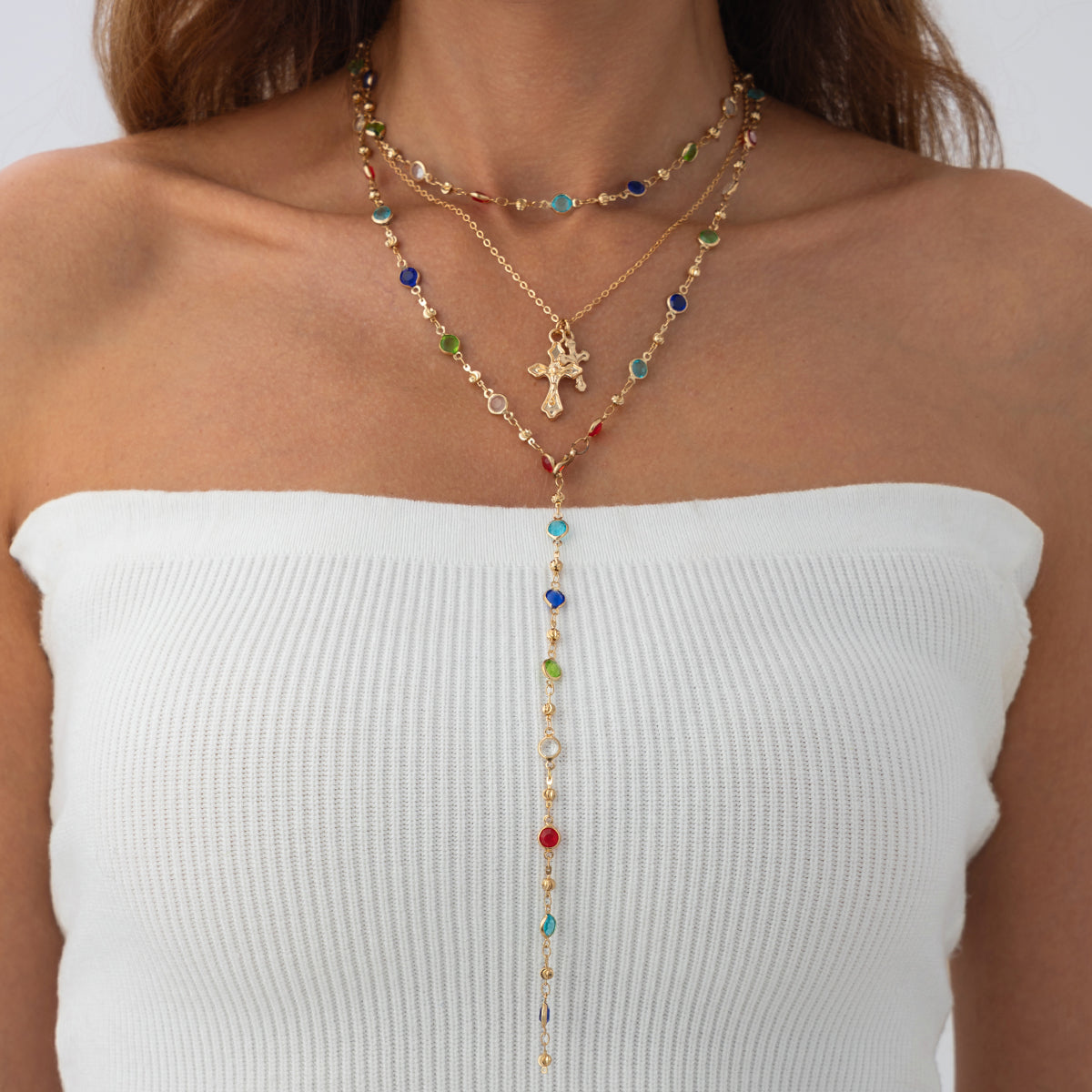 Multi-Colored Crystal and Goldtone Cross Pendant Lariat Necklace Set, gold pendant necklace for women, lifestyle look