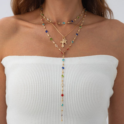 Multi-Colored Crystal and Goldtone Cross Pendant Lariat Necklace Set, gold pendant necklace for women, lifestyle look
