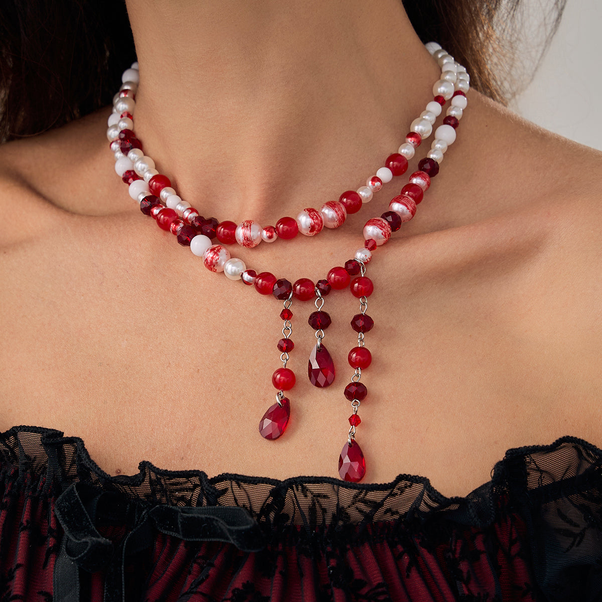Red Crystal and Acrylic Pearl Enamel Silvertone Beads Chain Tassel Necklace Set, silver pendant necklace..., lifestyle look