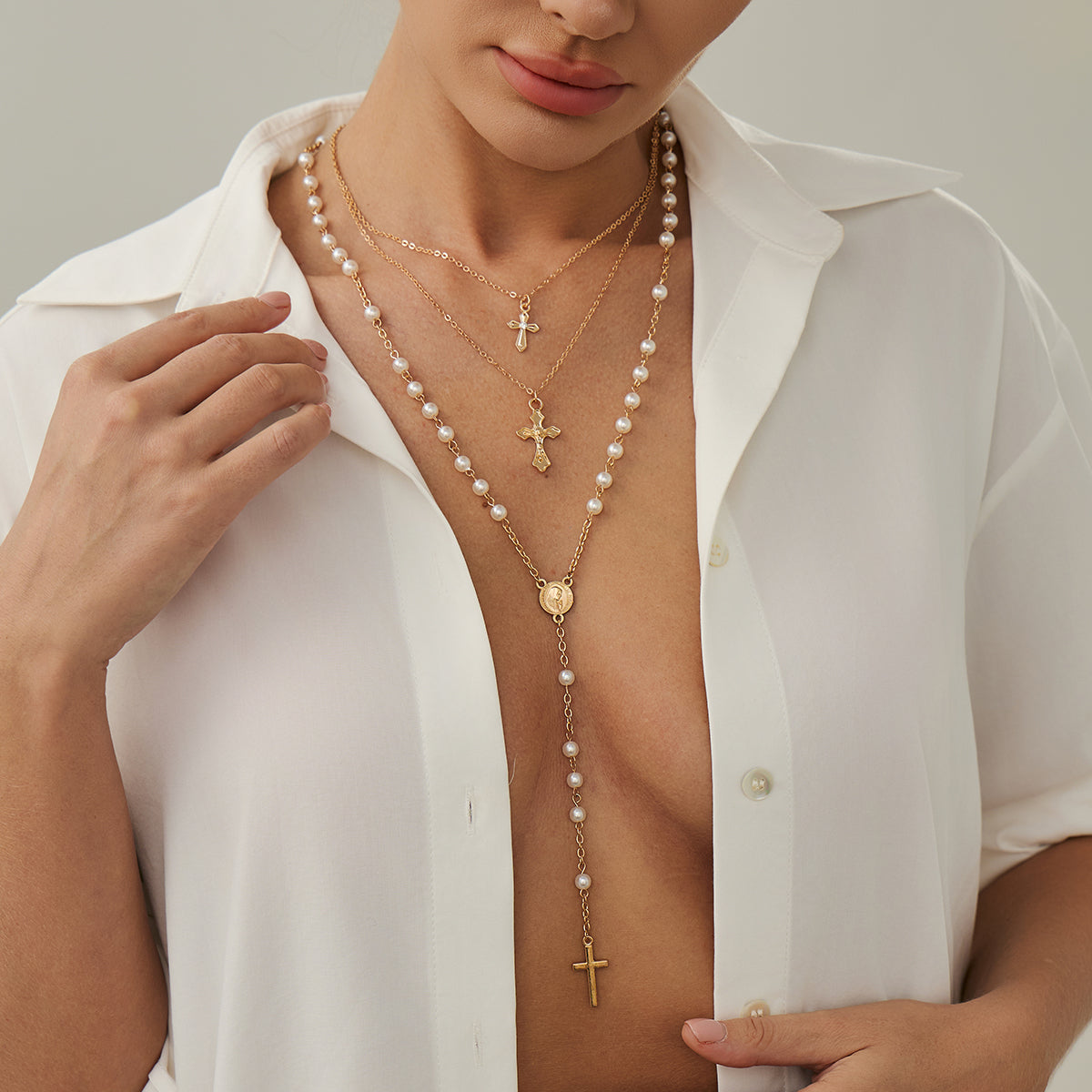 Pearl and Goldtone Beads Chain Cross Pendant Drop Necklace Set, gold pendant necklace for women, styled look
