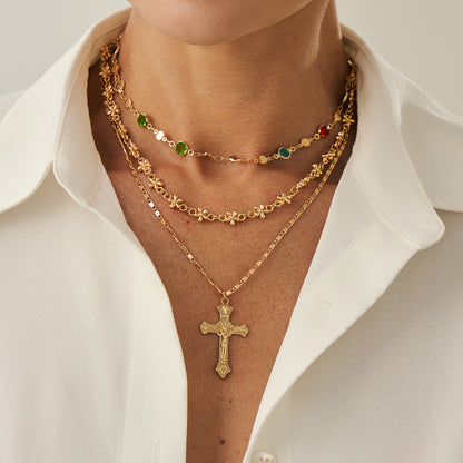 Multi-Colored Crystal and Goldtone Station Chain Cross Pendant Necklace Set, gold pendant necklace for women, styled look
