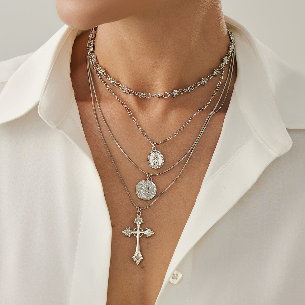 Silvertone Flower Station Coin Cross Pendant Necklace Set, silver pendant necklace for women, lifestyle look