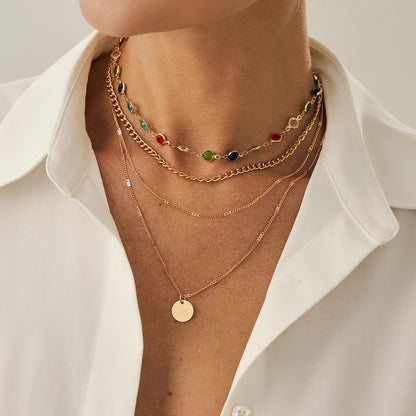 Multi-Colored Crystal and Goldtone Circular Pendant Layered Necklace Set, gold pendant necklace for women, styled look