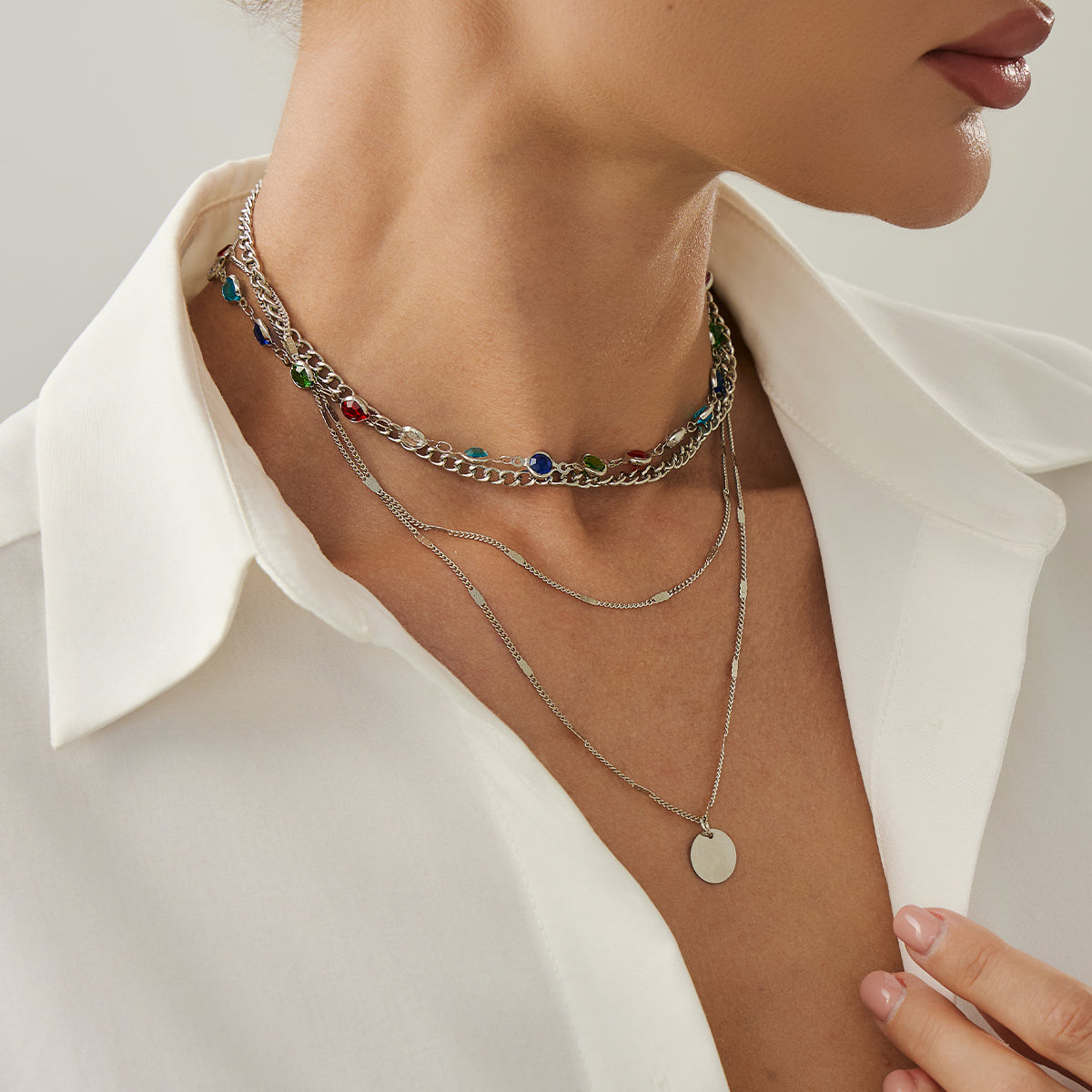 Multi-Colored Crystal and Silvertone Circular Pendant Layered Necklace Set, silver pendant necklace for women, styled look
