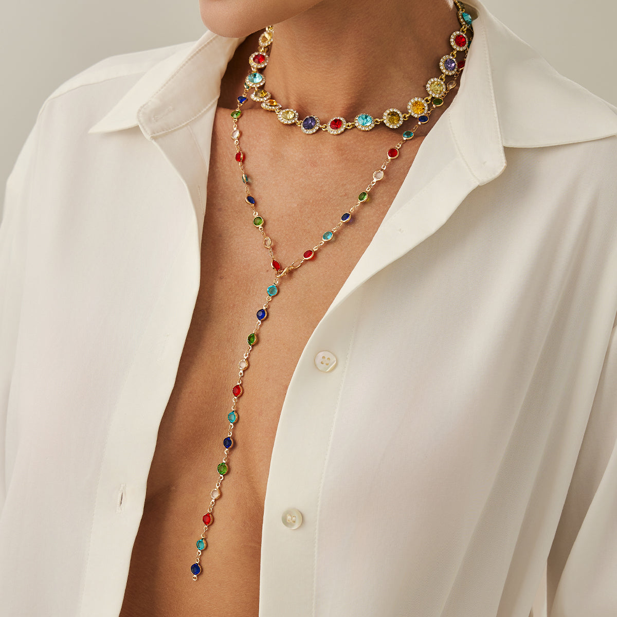 Multi-Colored Crystal and Cubic Zirconia Goldtone Lariat Necklace Set, gold pendant necklace for women, lifestyle look