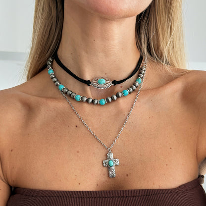 Black Polyster and Turqouise Resin Silvertone Beads Chain Cross Pendant Necklace Set, silver pendant..., lifestyle look