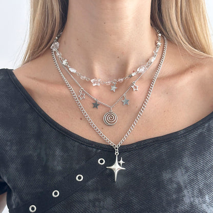 Clear Resin & Pearl Silvertone Swirl Star Pendant Necklace Set