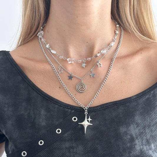 Clear Resin & Pearl Silvertone Swirl Star Pendant Necklace Set