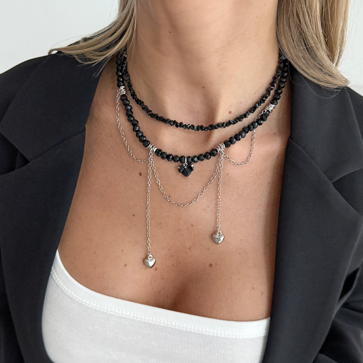 Black Crystal & Acrylic Silvertone Heart Pendant Tassel Necklace Set