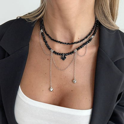 Black Crystal & Acrylic Silvertone Heart Pendant Tassel Necklace Set
