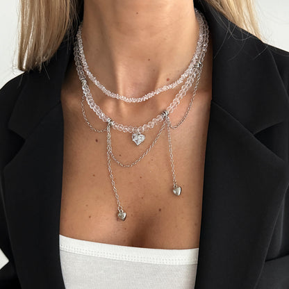 Clear Crystal & Acrylic Silvertone Heart Pendant Tassel Necklace Set