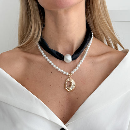 Black Polyster & Pearl Goldtone Open Drop Pendant Necklace Set