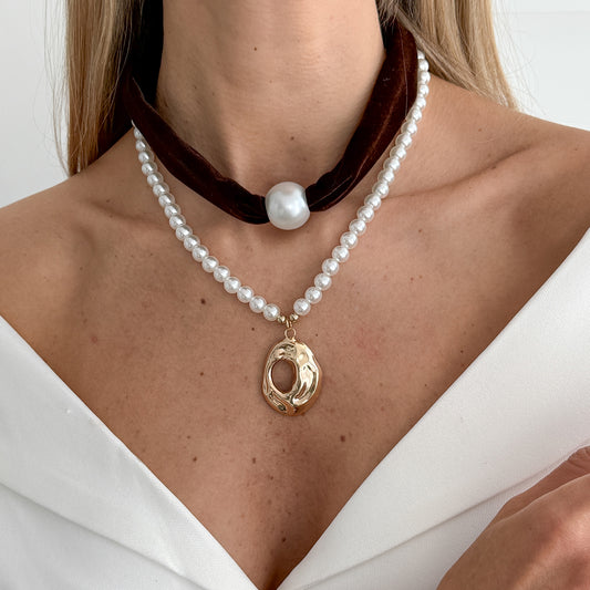 Dark Brown Polyster & Pearl Goldtone Open Drop Pendant Necklace Set