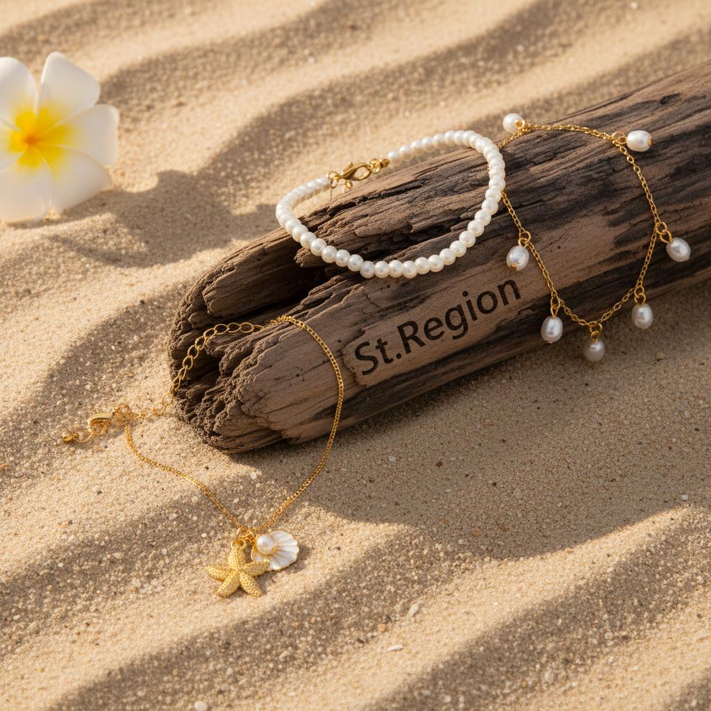 Pearl and White Enamel Goldtone Shell Starfish Charm Anklet Set, jewelry gift sets for women, everyday style, detail close-up