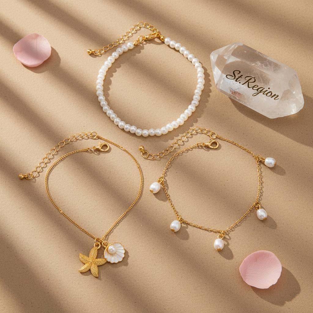 Pearl and White Enamel Goldtone Shell Starfish Charm Anklet Set, jewelry gift sets for women, everyday style, lifestyle look