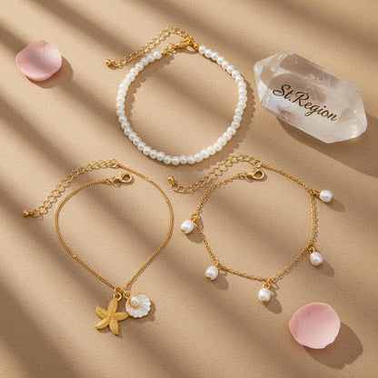 Pearl and White Enamel Goldtone Shell Starfish Charm Anklet Set, jewelry gift sets for women, everyday style, lifestyle look
